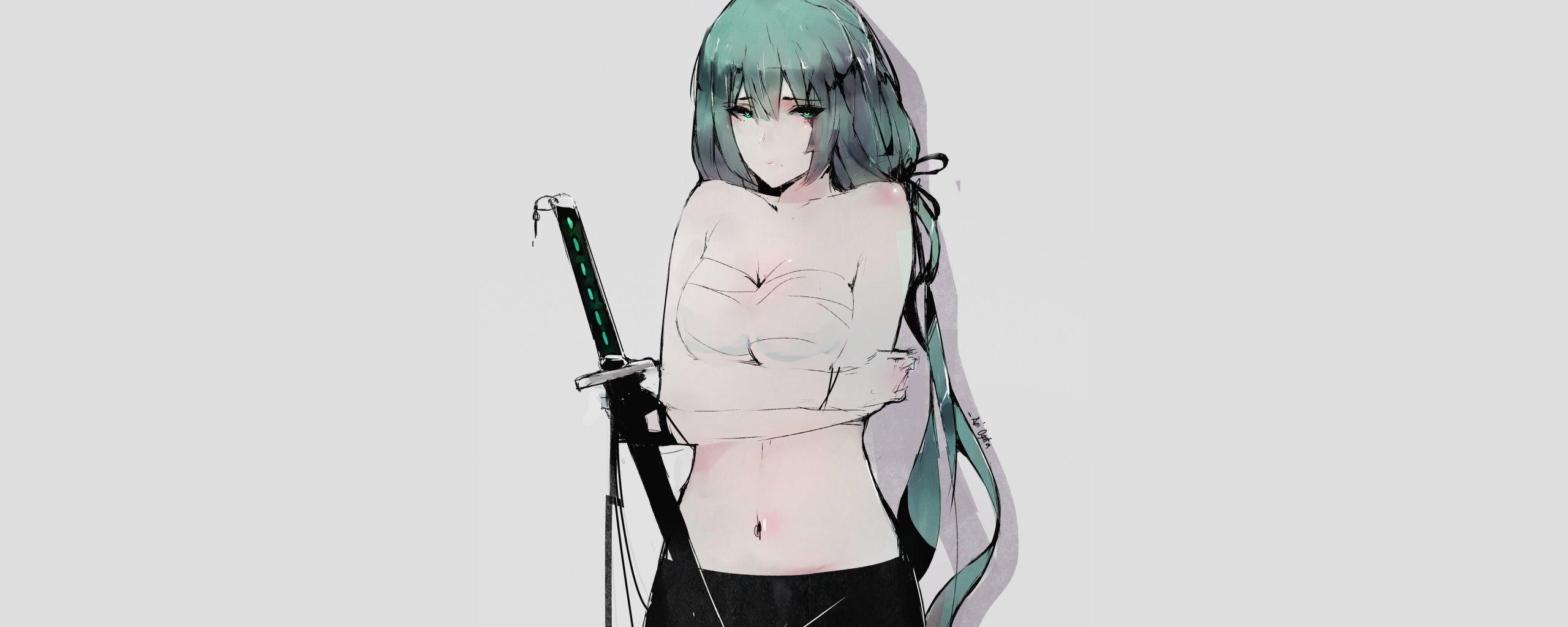 2560x1024 Download Anime girl, warrior with katana, minimal, art wallpaper