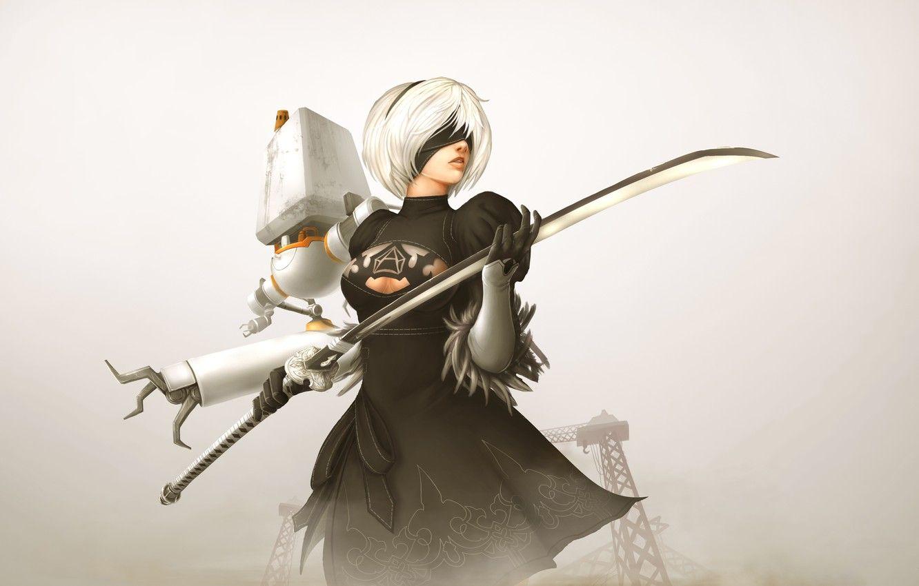 1332x850 Wallpaper girl, background, the game, katana, Nier Automata image