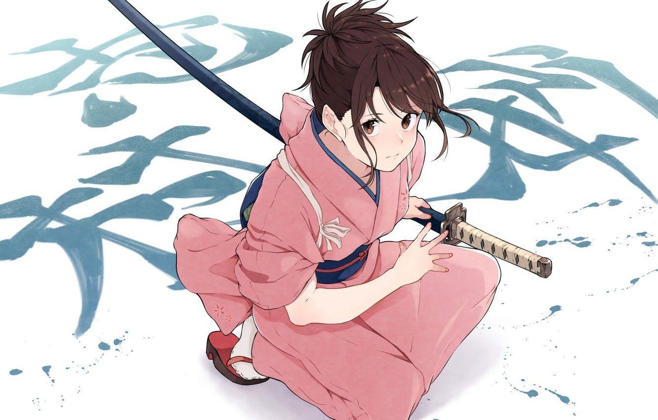 1332x850 Wallpaper girl, sword, weapon, anime, katana, samurai, artwork, Gintama, kimono, anime girl, Shimura Tae image for desktop, section сёнэн