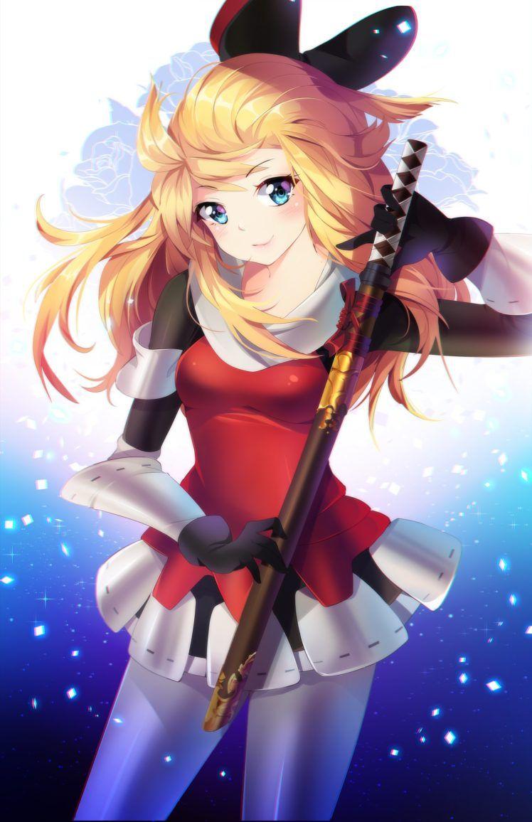 748x1156 long hair, Blonde, Blue eyes, Anime, Anime girls, Sword, Katana HD