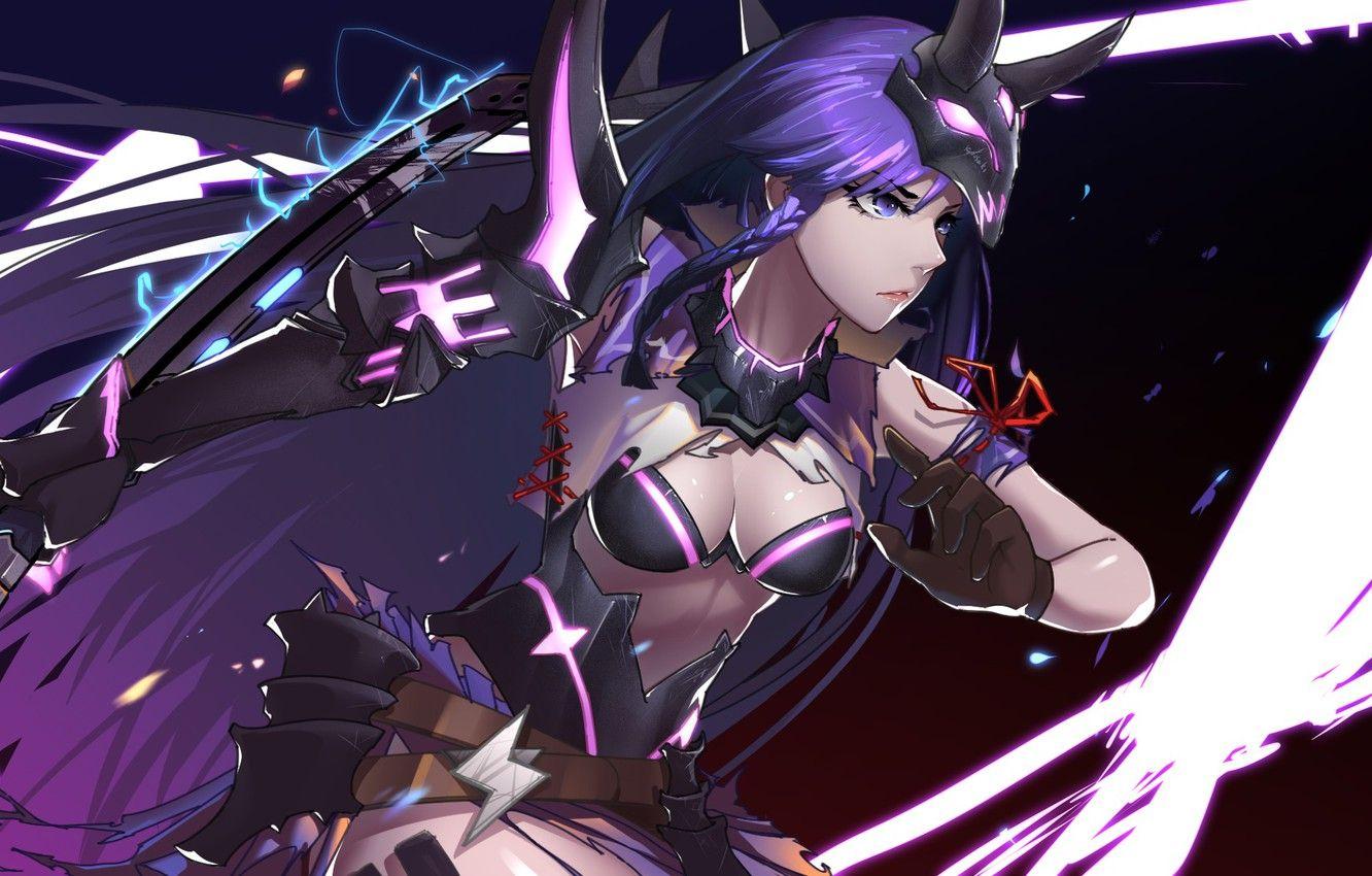 1332x850 Wallpaper girl, sword, cleavage, horns, breast, anime, purple eyes, katana, samurai, mask, warrior, chest, purple hair, anime girl, Honkai Impact image for desktop, section сэйнэн