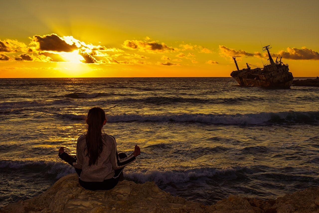 1280x853 Desktop Wallpaper Yoga Sea Girls ship Sunrises and sunsets sit Back