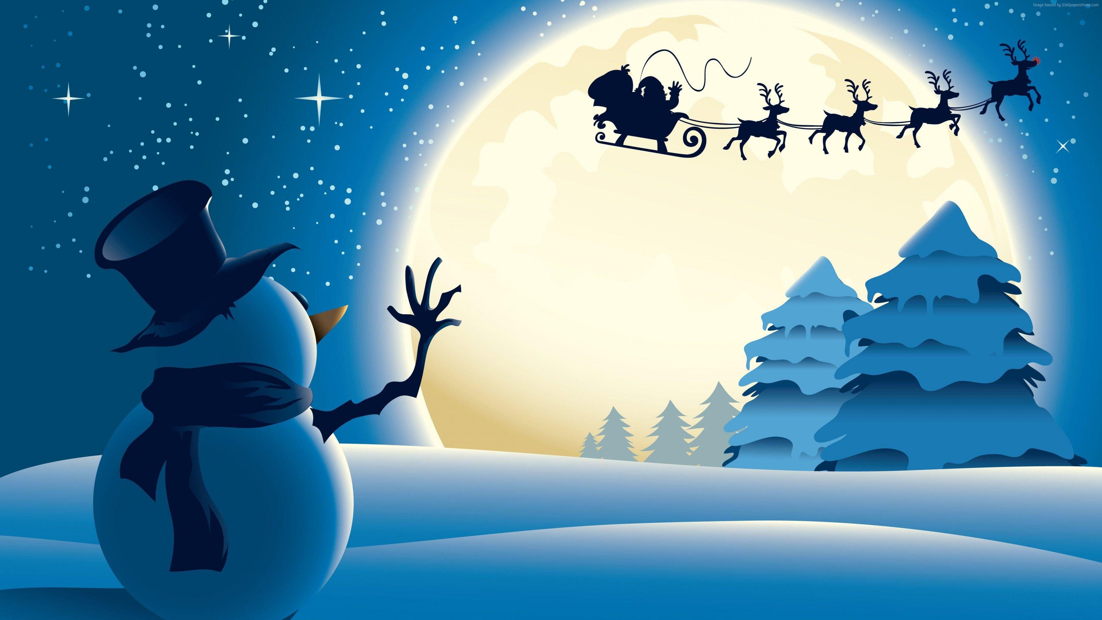 3840x2160 Wallpaper Christmas, New Year, Santa, deer, snowman, moon, winter
