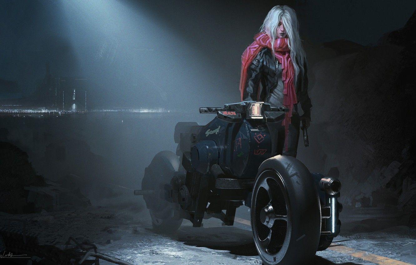 1332x850 Wallpaper Girl, Night, Motorcycle, Art, Illustration, Transport