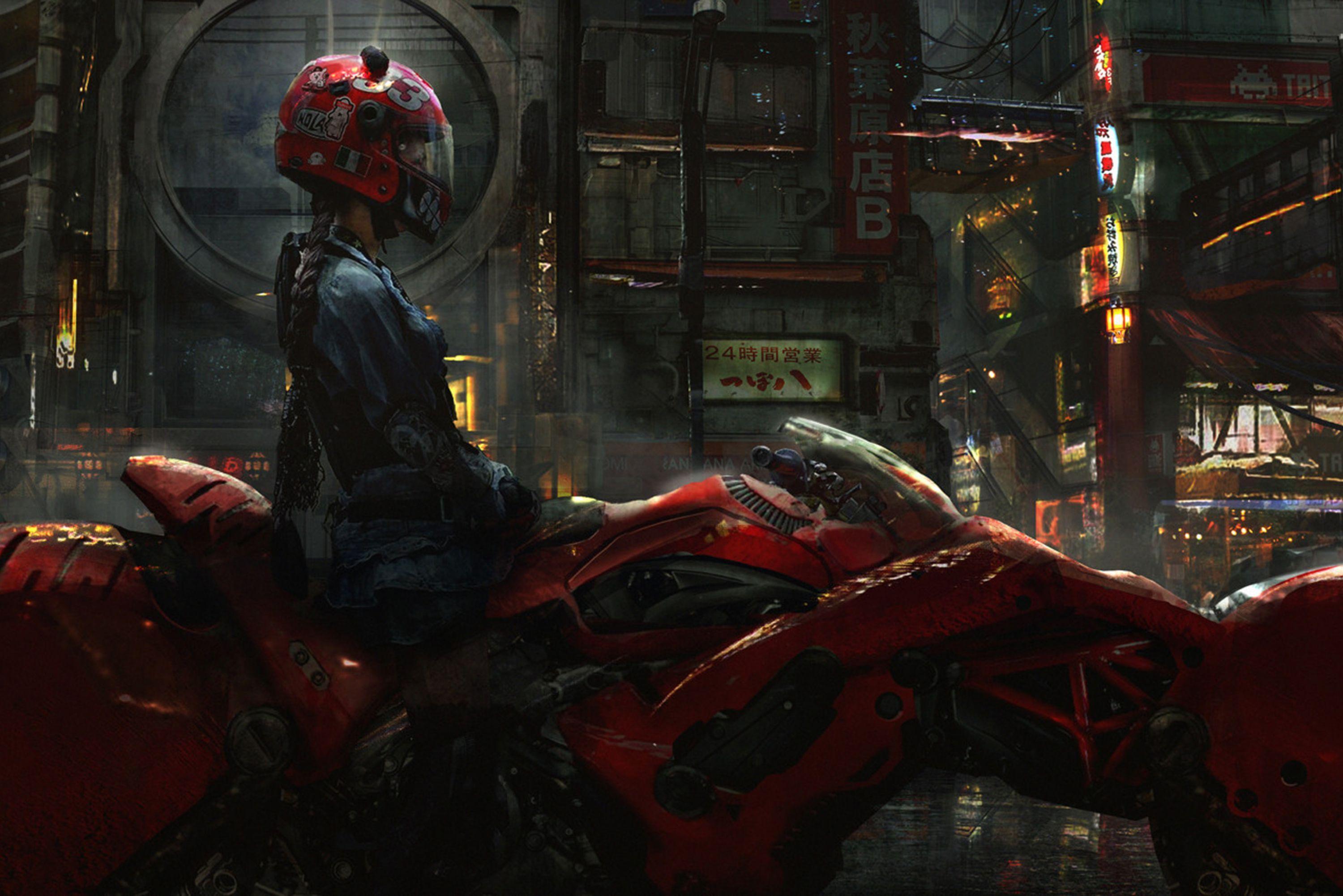 3000x2002 Cyberpunk Motorcycle Biker Girl Sci Fi Wallpaper