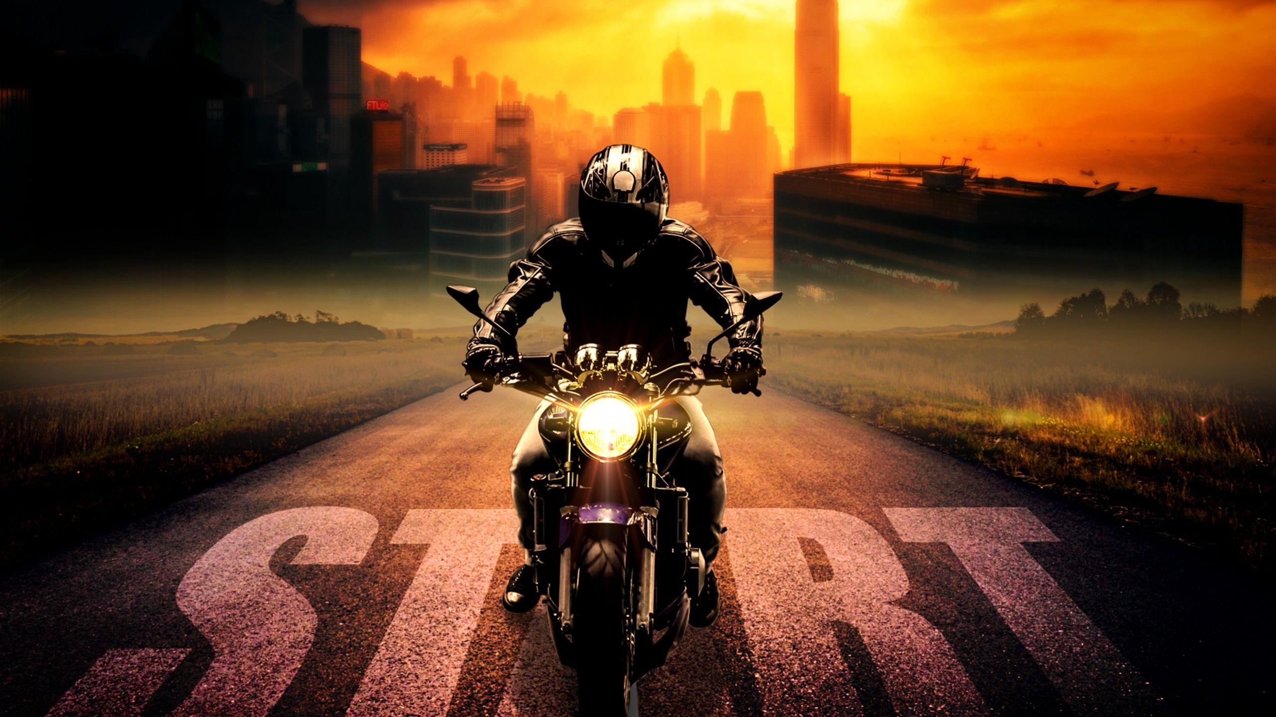 2560x1440 Wallpaper Biker, Motorcycle, Ride, Start, Night, 4K, 8K