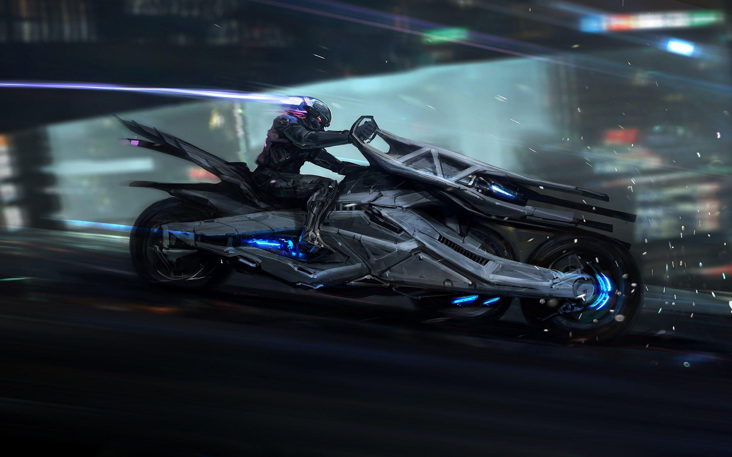 2560x1600 Cyberpunk Motorcycle Biker Sci Fi Art 4K Wallpaper