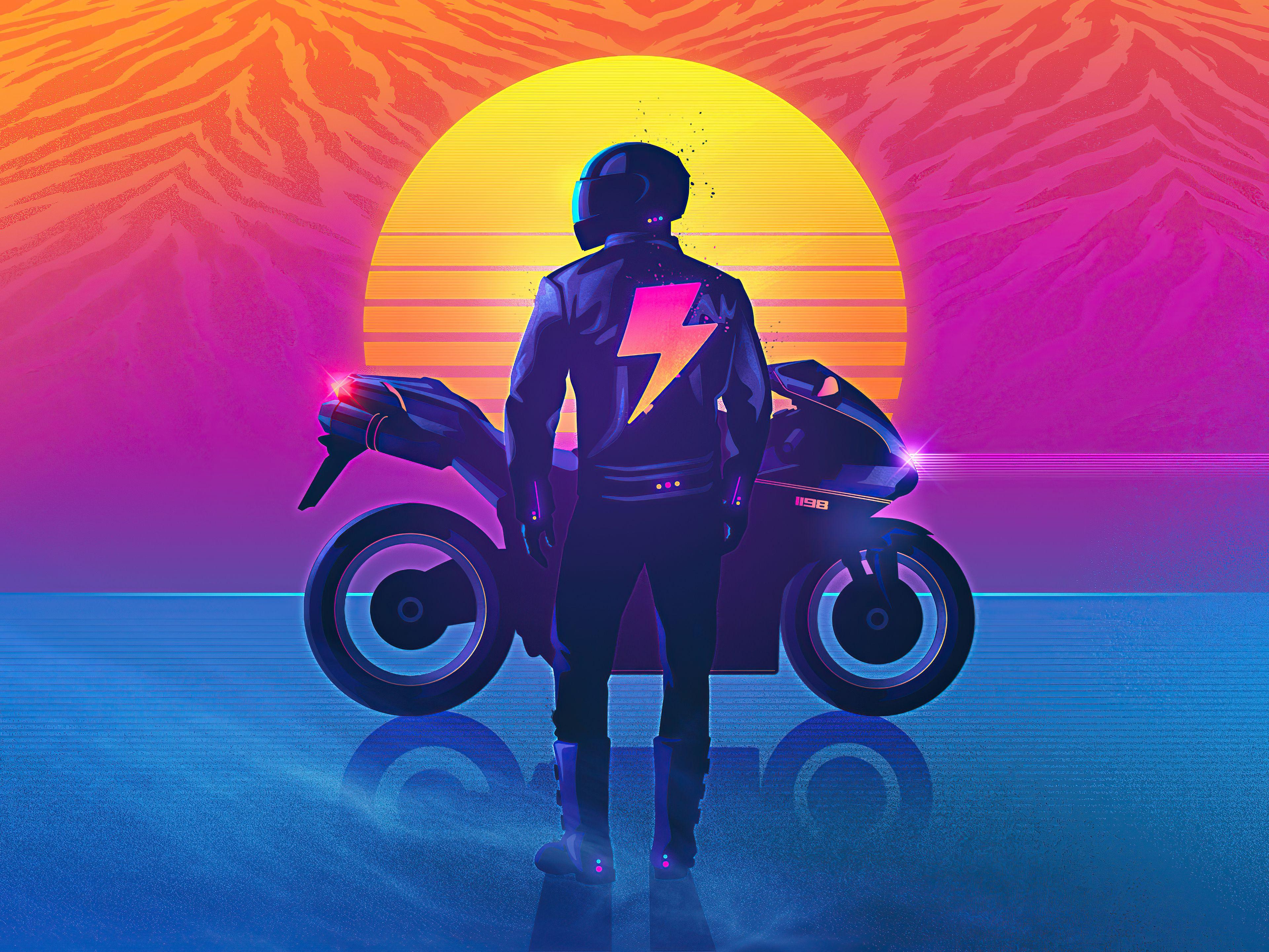 3840x2880 Biker 4K Retro Wave Wallpaper, HD Artist 4K Wallpaper, Image