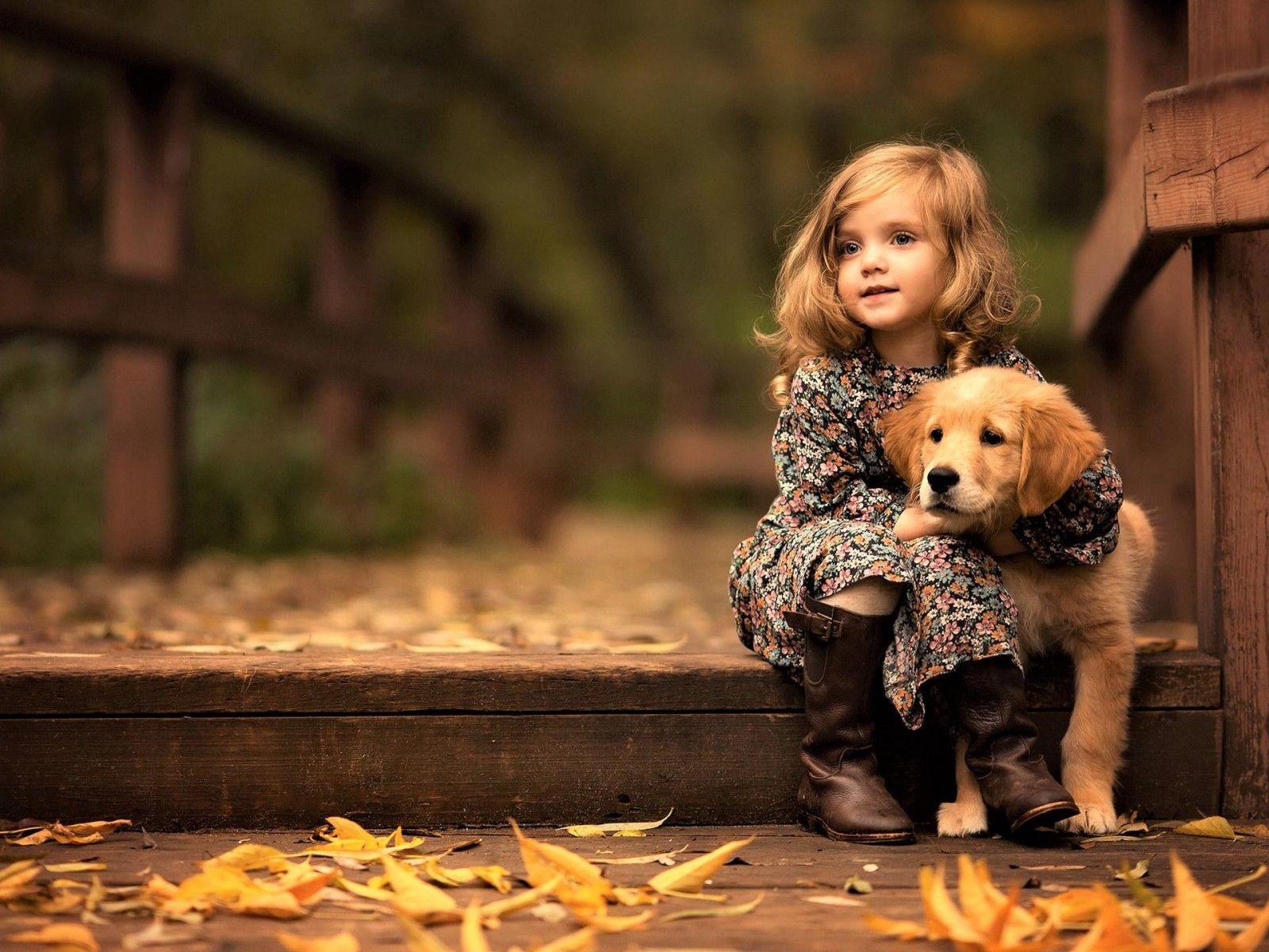 1600x1200 Cute Little Girl with Golden Retriever Cub HD desktop wallpaper