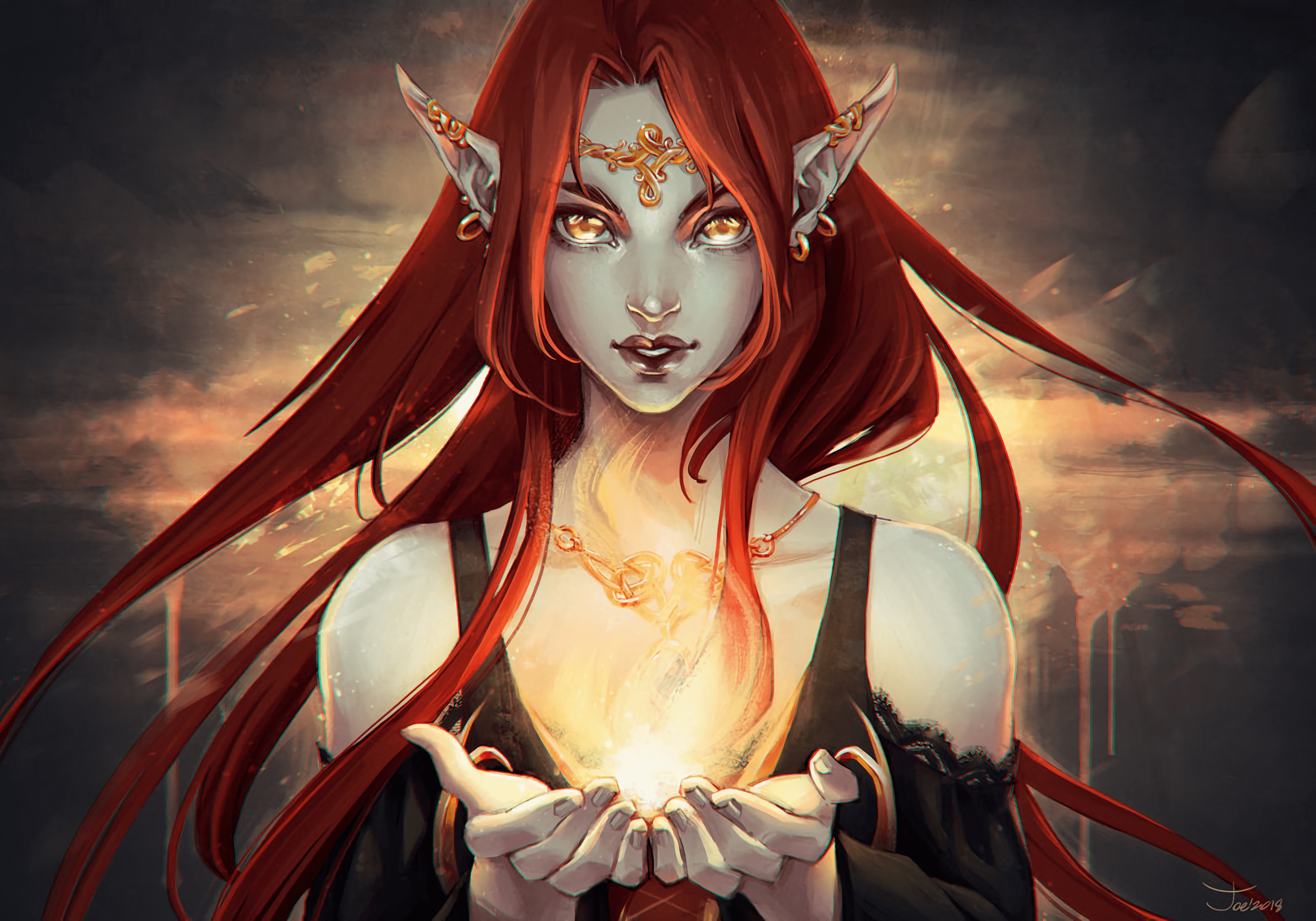 3418x2392 Download wallpaper 3418x2392 elf, girl, fire, art HD background