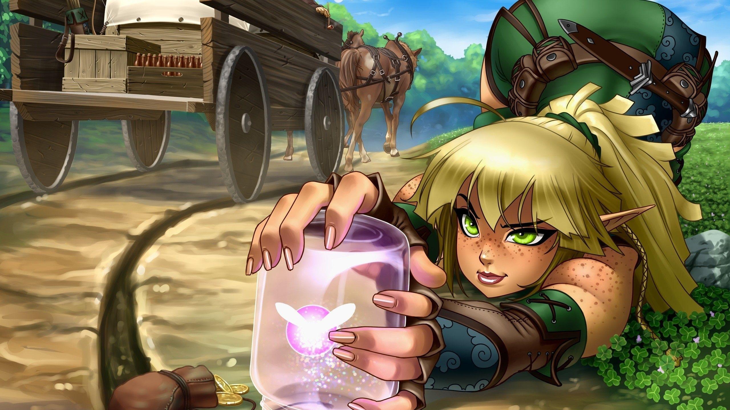 2560x1440 Download 2560x1440 Fantasy Girl, Cart, Elf Girl, Gold Wallpaper