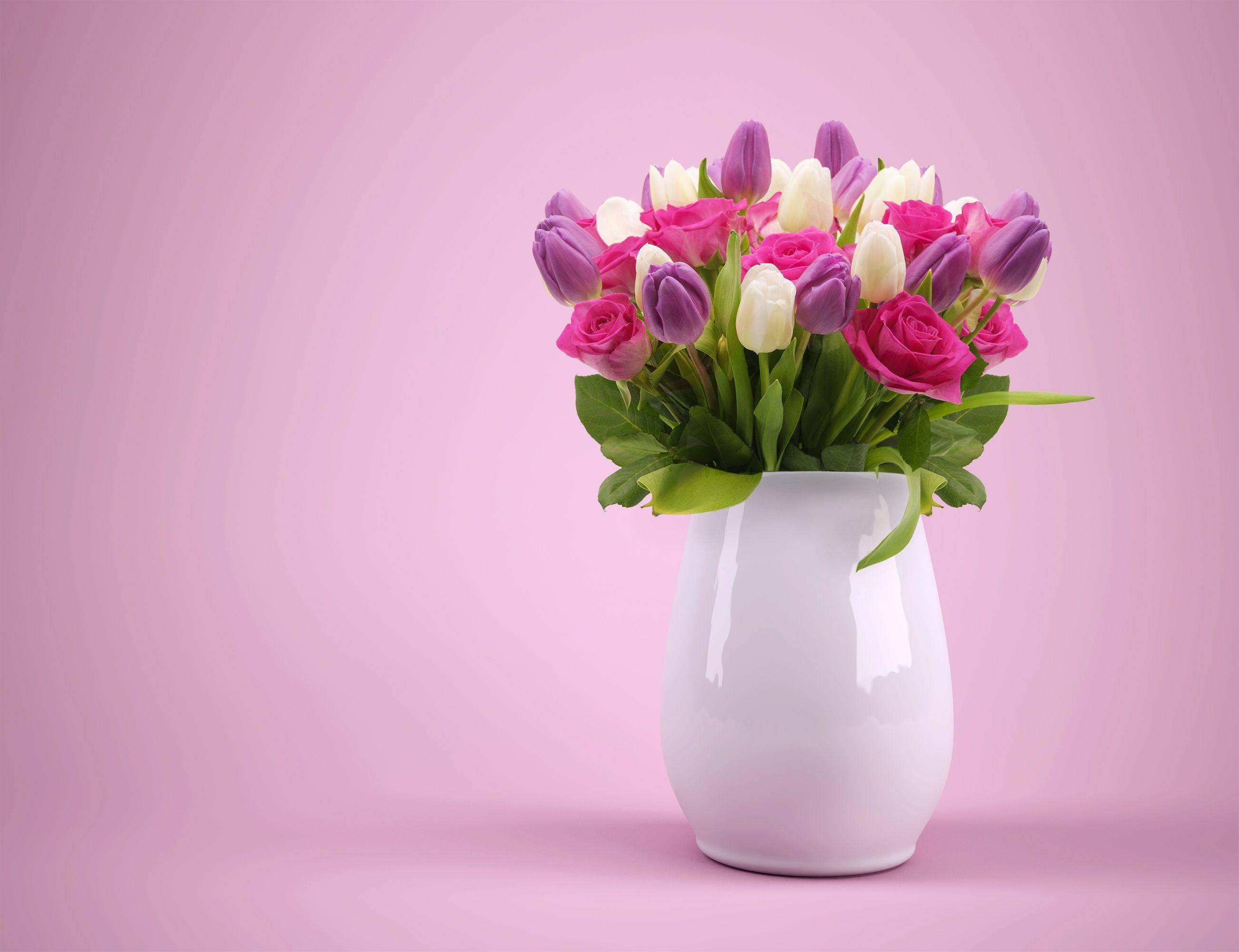 2602x2000 Wallpaper Flower bouquet, Roses, Colorful, Flower vase, Pink, HD