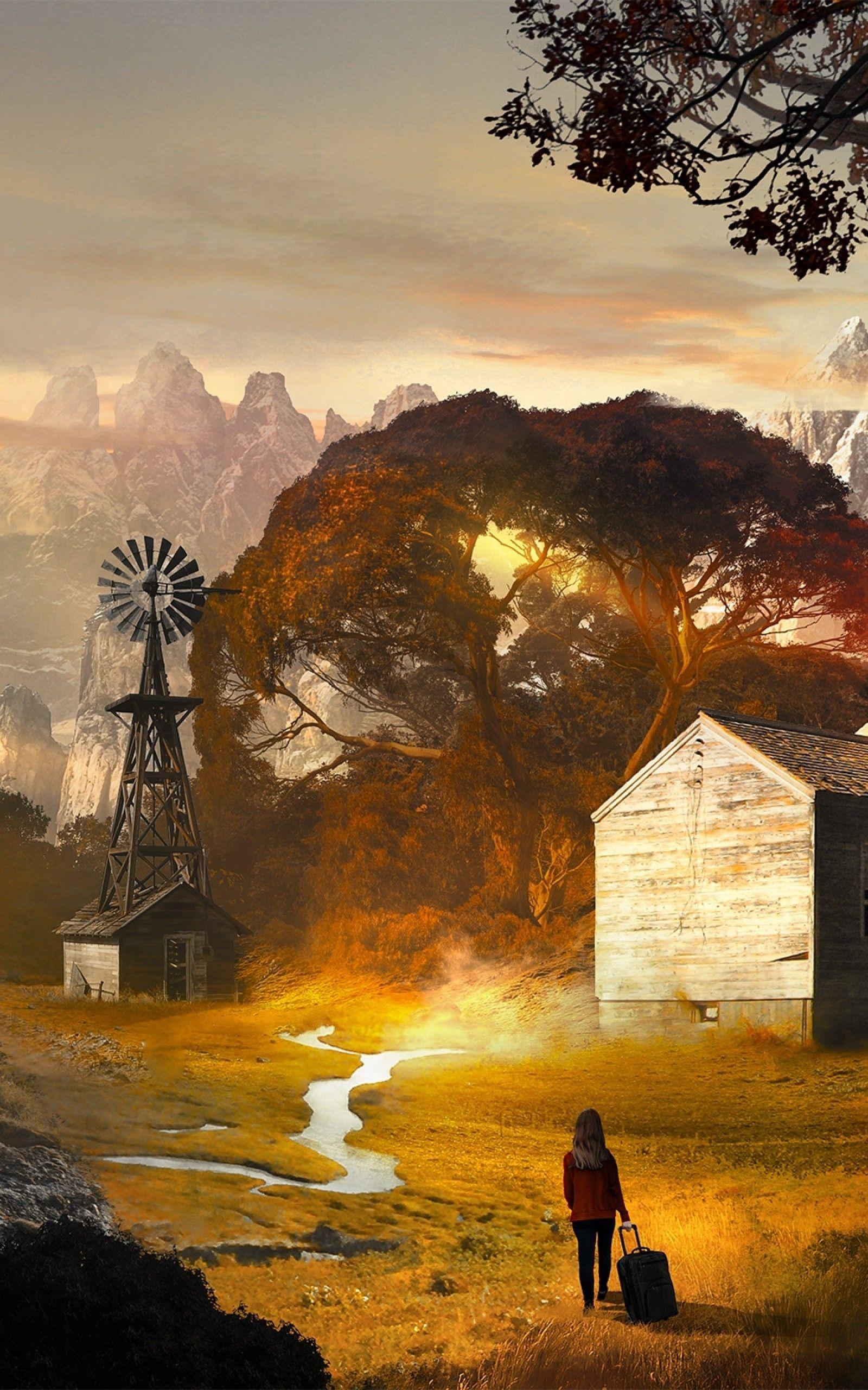 1600x2560 Download 1600x2560 Fantasy Landscape, Woman, Suitcase, Farewell