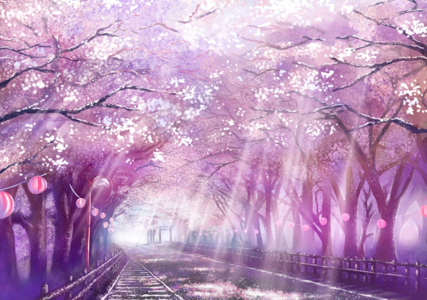 HD wallpaper purple anime cherry trees shrine landscape  Wallpaper  Flare