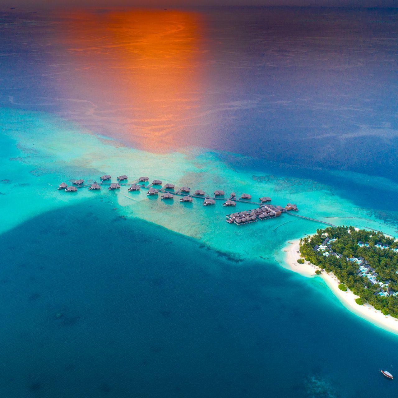 1280x1280 Download wallpaper 1280x1280 ocean, aerial view, bungalow, island