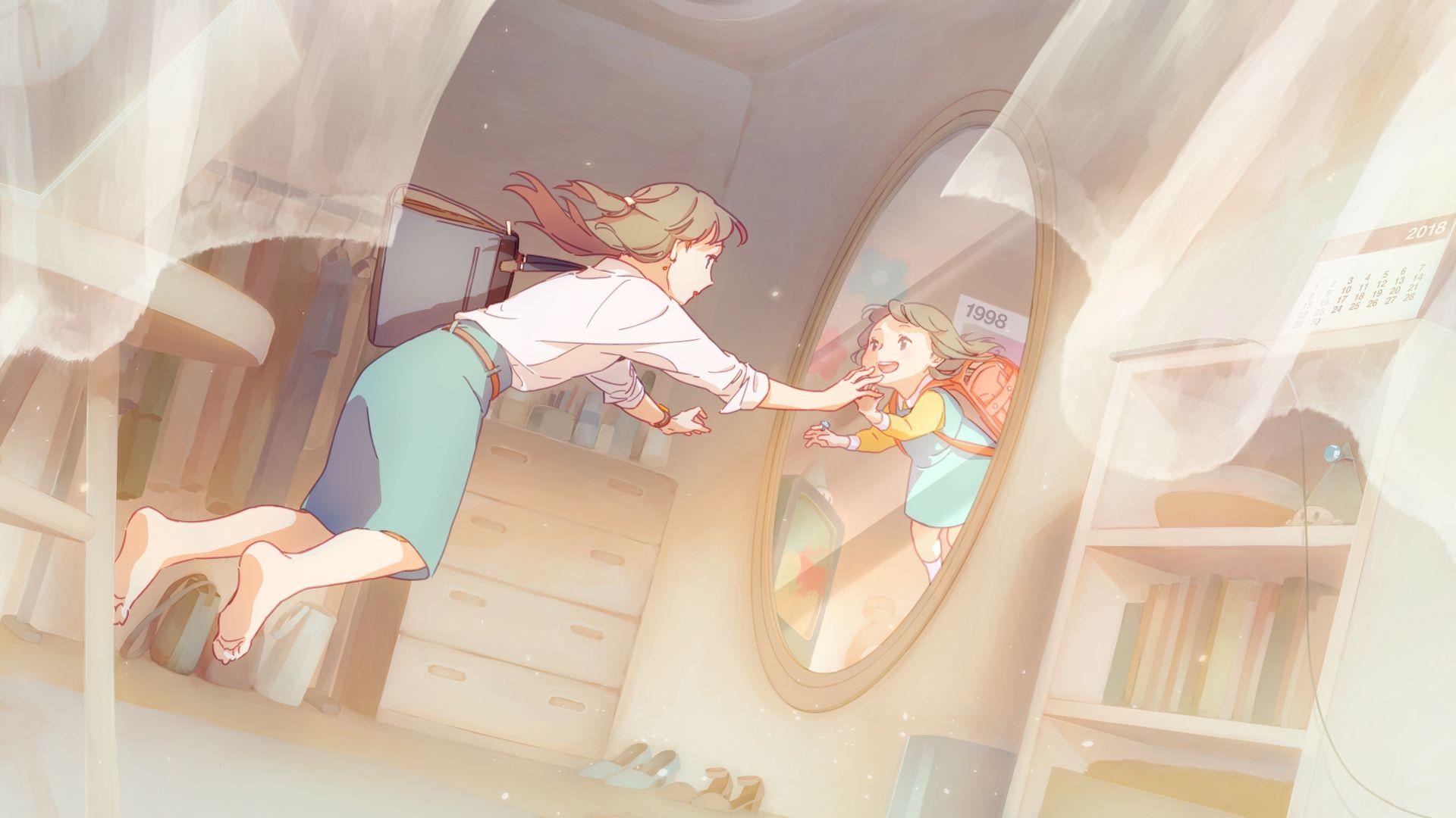 1920x1080 Download 1920x1080 Anime Girl, Mirror, Reflection, Gate Wallpaper