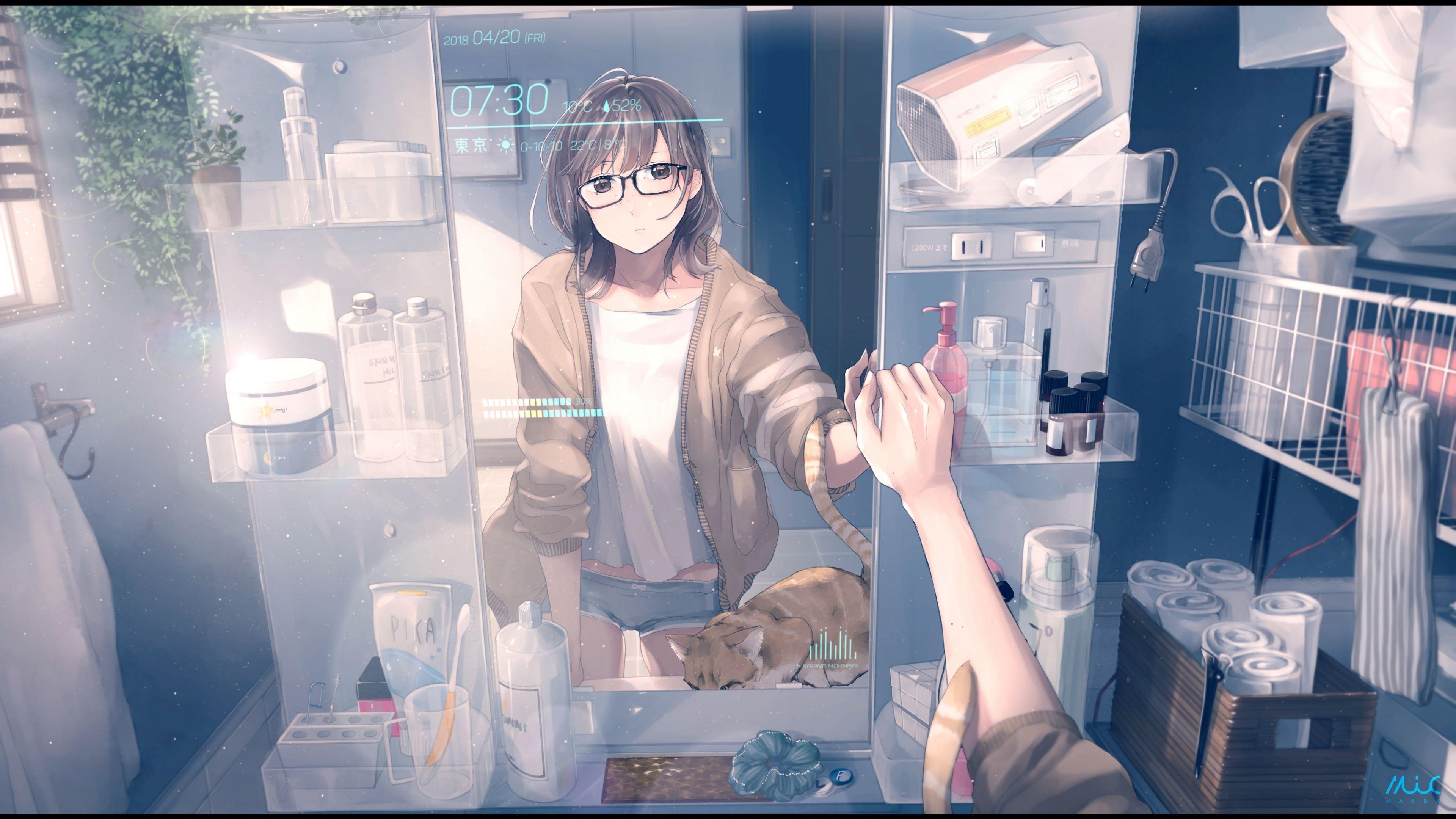 3840x2160 Download 3840x2160 wallpaper bathroom, anime girl, reflections