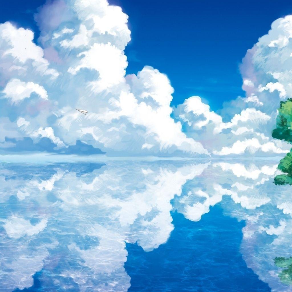 1024x1024 water paintings clouds landscapes trees mirror fantasy art artwork