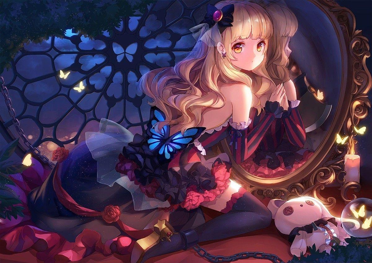 1200x848 anime, Vocaloid, Mirror, Blonde, Mayu (Vocaloid), Dress, Anime