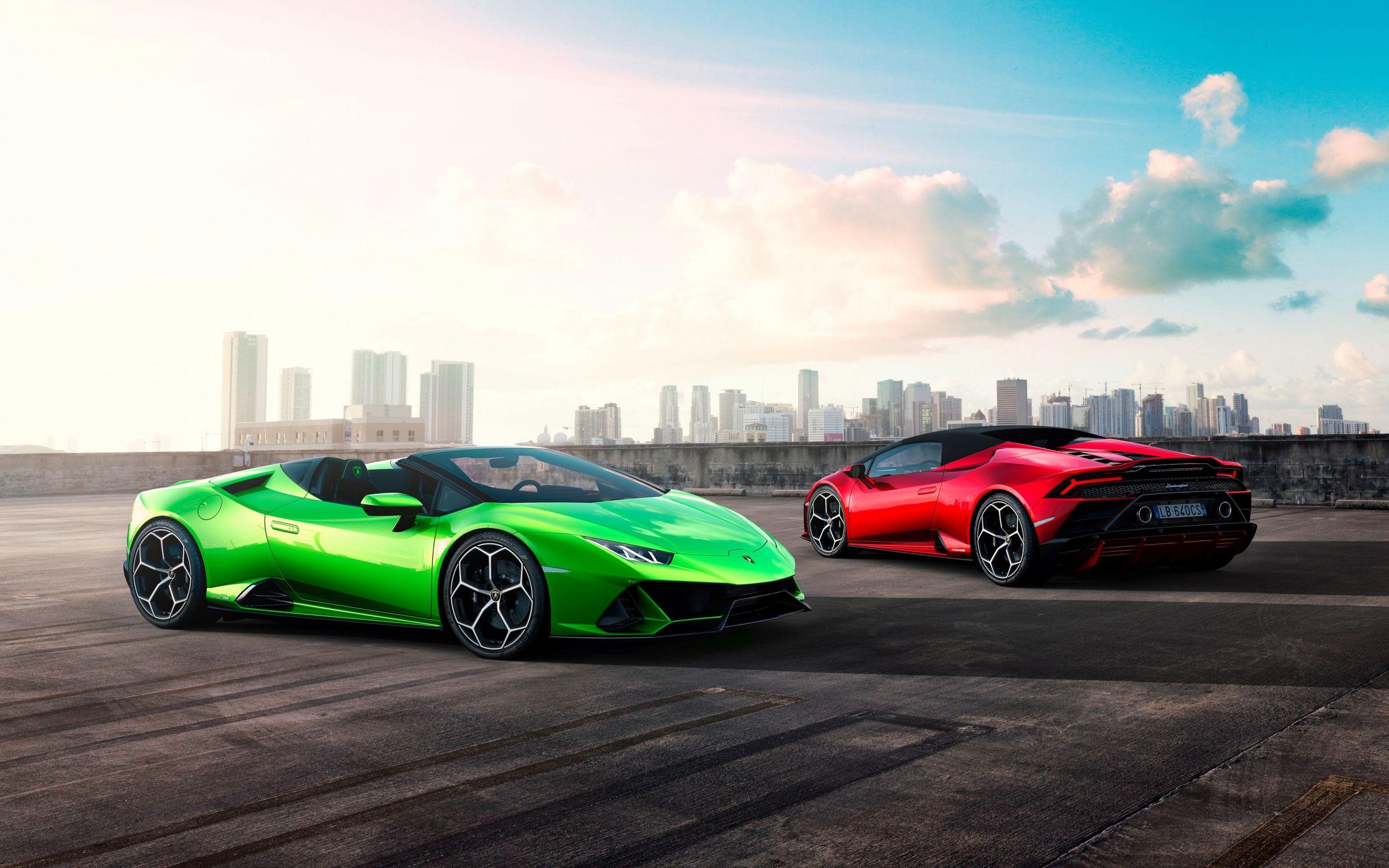 2560x1600 Download Two cars, red and green car, Lamborghini Huracan