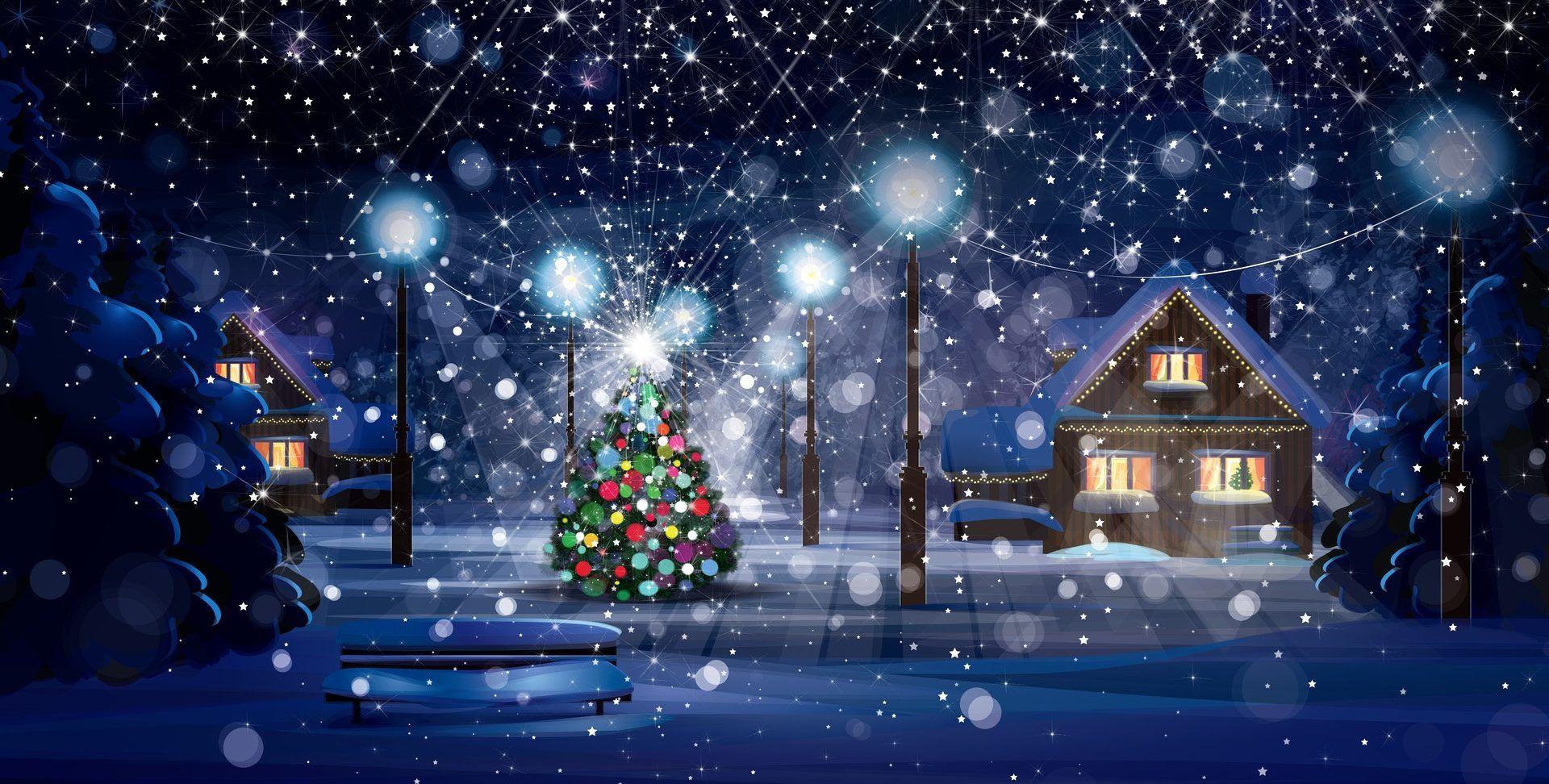 1920x972 Winter: Snow Christmas Night Winter Snowing Lights Homes Stars
