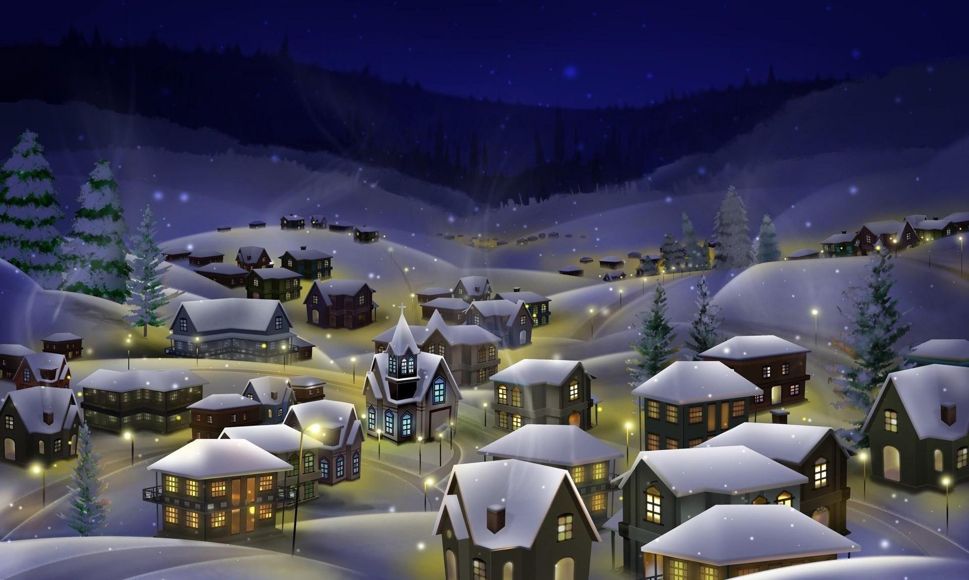 1920x1150 Wallpaper Night, City, Snow, Christmas, Holiday HD, Picture, Image