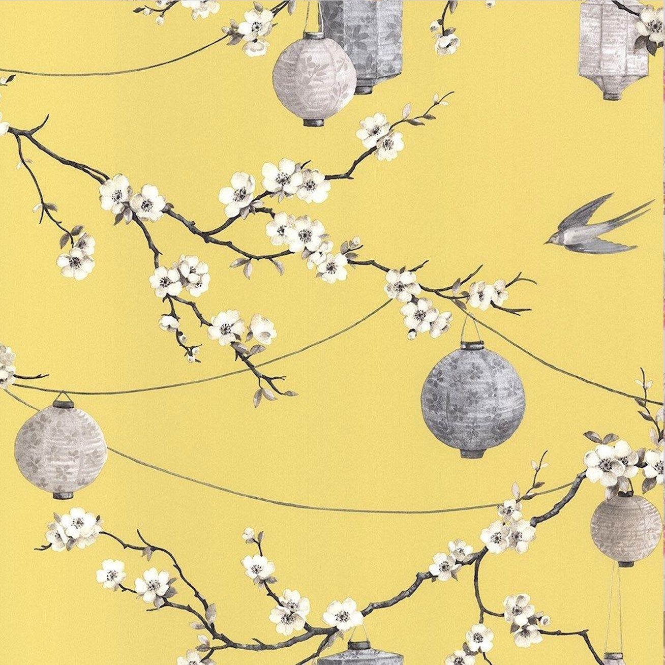 1308x1308 Oriental Wallpaper Chinese Garden Flower Floral Lanterns Birds