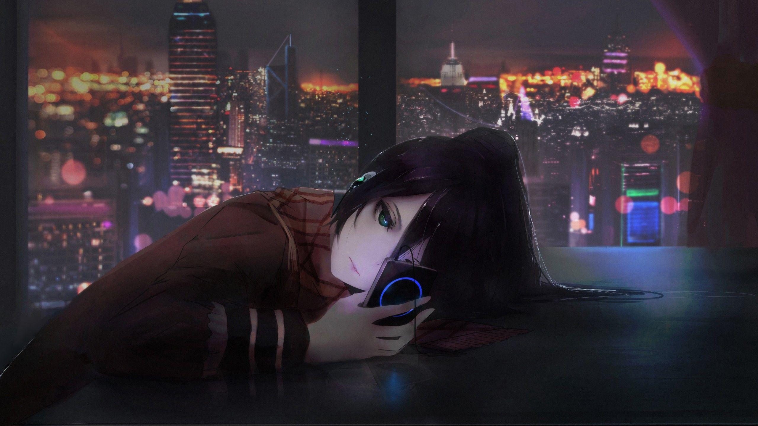 2560x1440 Wallpaper anime, girl, night, 4K, Art