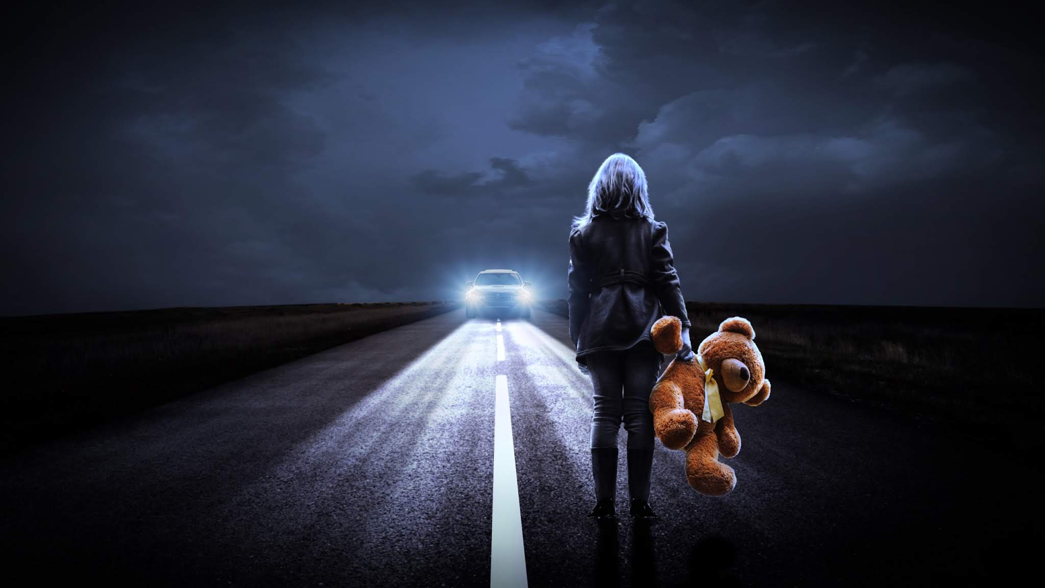 2048x1152 Girl Teddy Bear Night Road Wallpaper