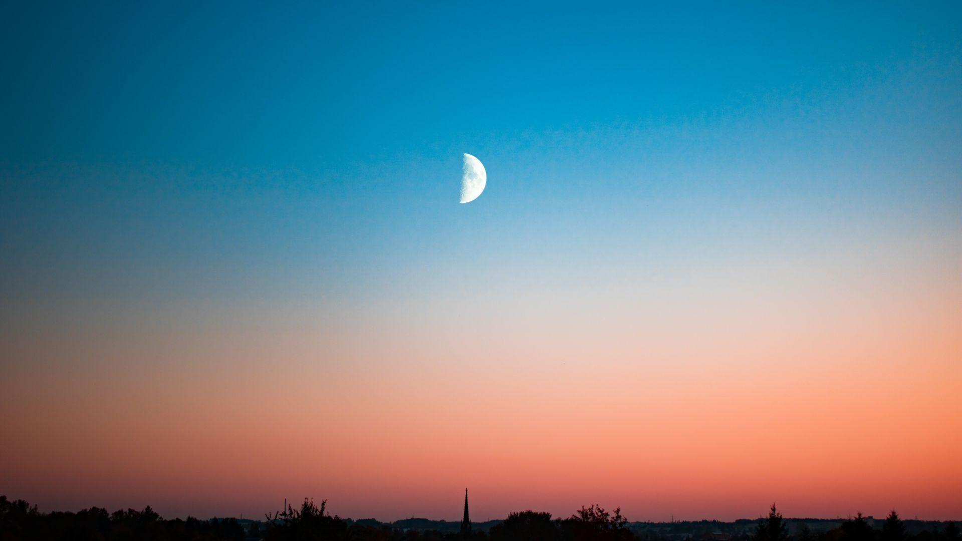1920x1080 Desktop wallpaper sunset, half moon, sky, clean, HD image, picture