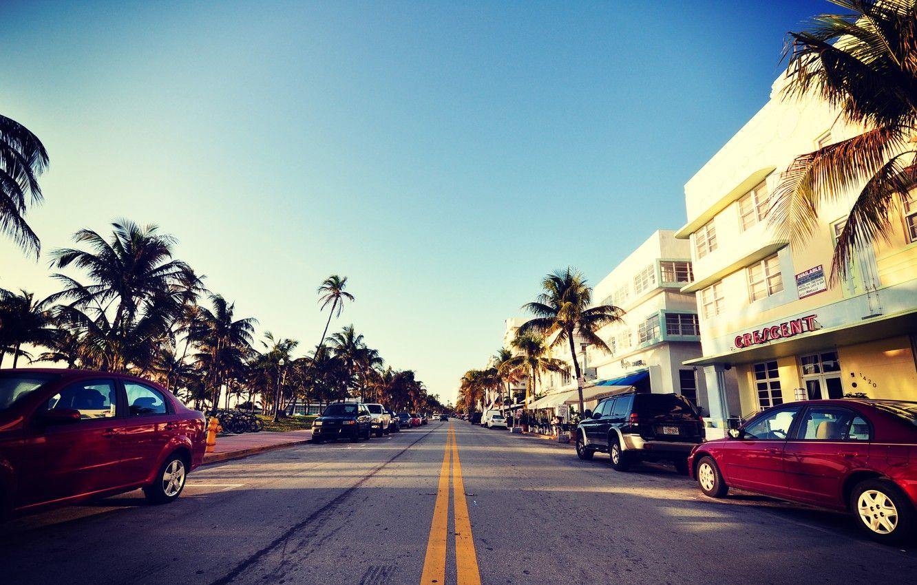 1332x850 Wallpaper road, auto, the sky, palm trees, street, Miami, FL