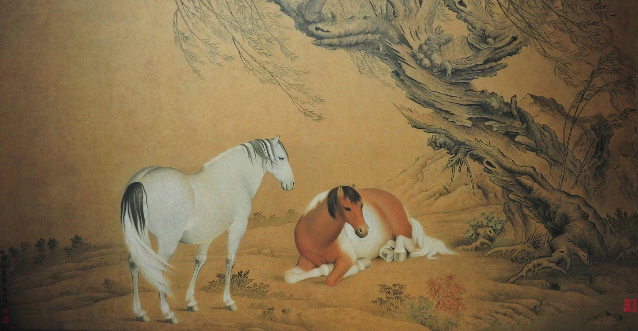 2082x1080 chinese painting horses couple tree wood nature yellow background