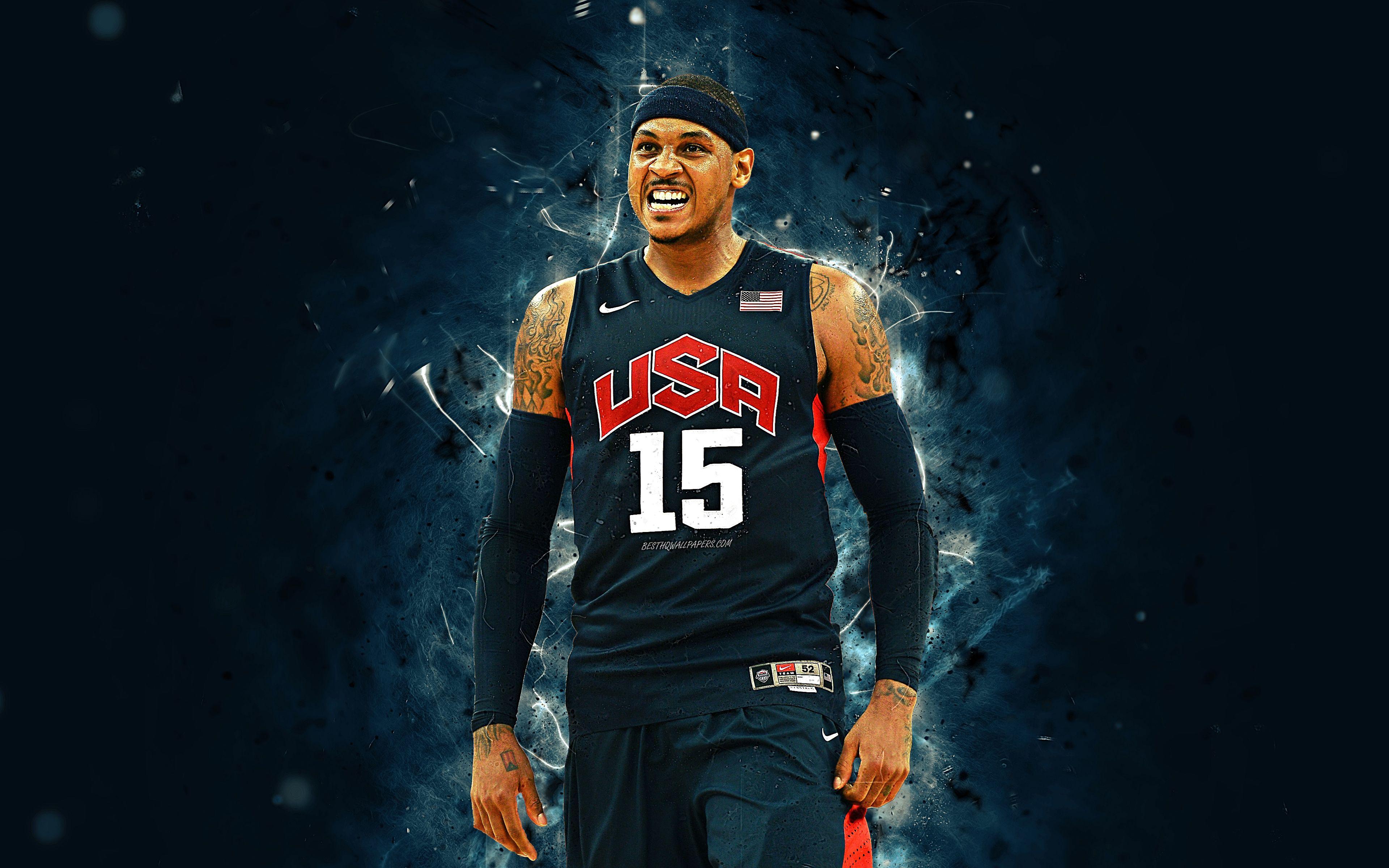 3840x2400 Download wallpaper Carmelo Anthony, 4k, USA basketball team, neon