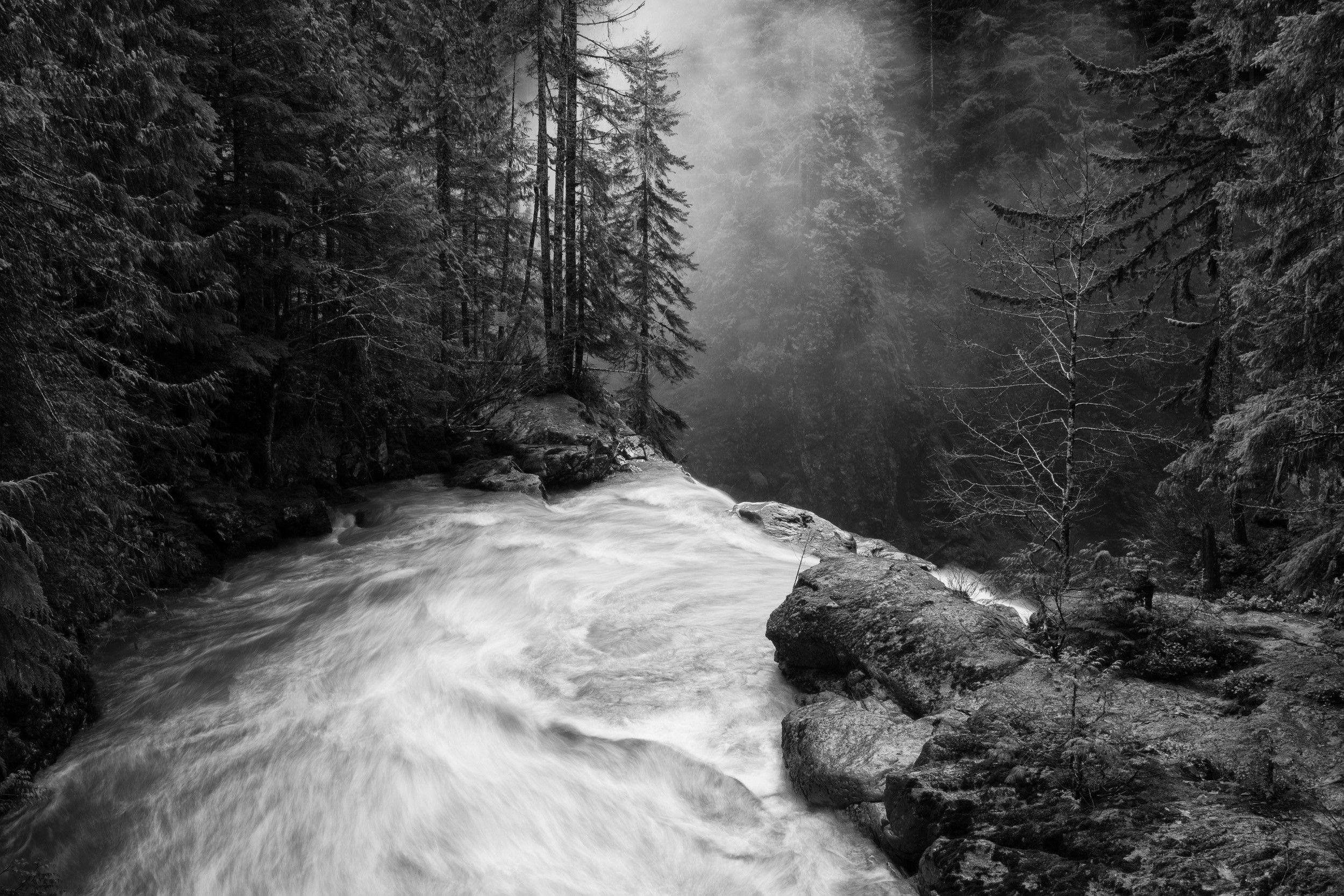 2500x1667 #landscape, #mist, #monochrome, #morning, #waterfall