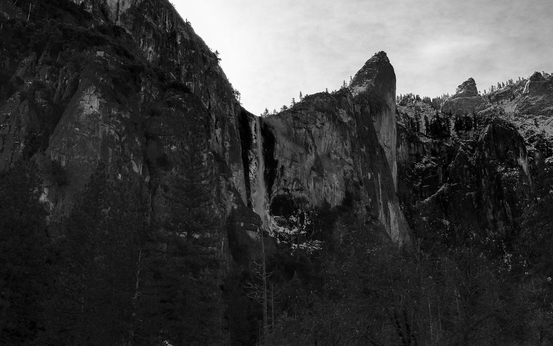 1920x1200 Cliff Waterfall Rock Stone BW Trees mountains black white
