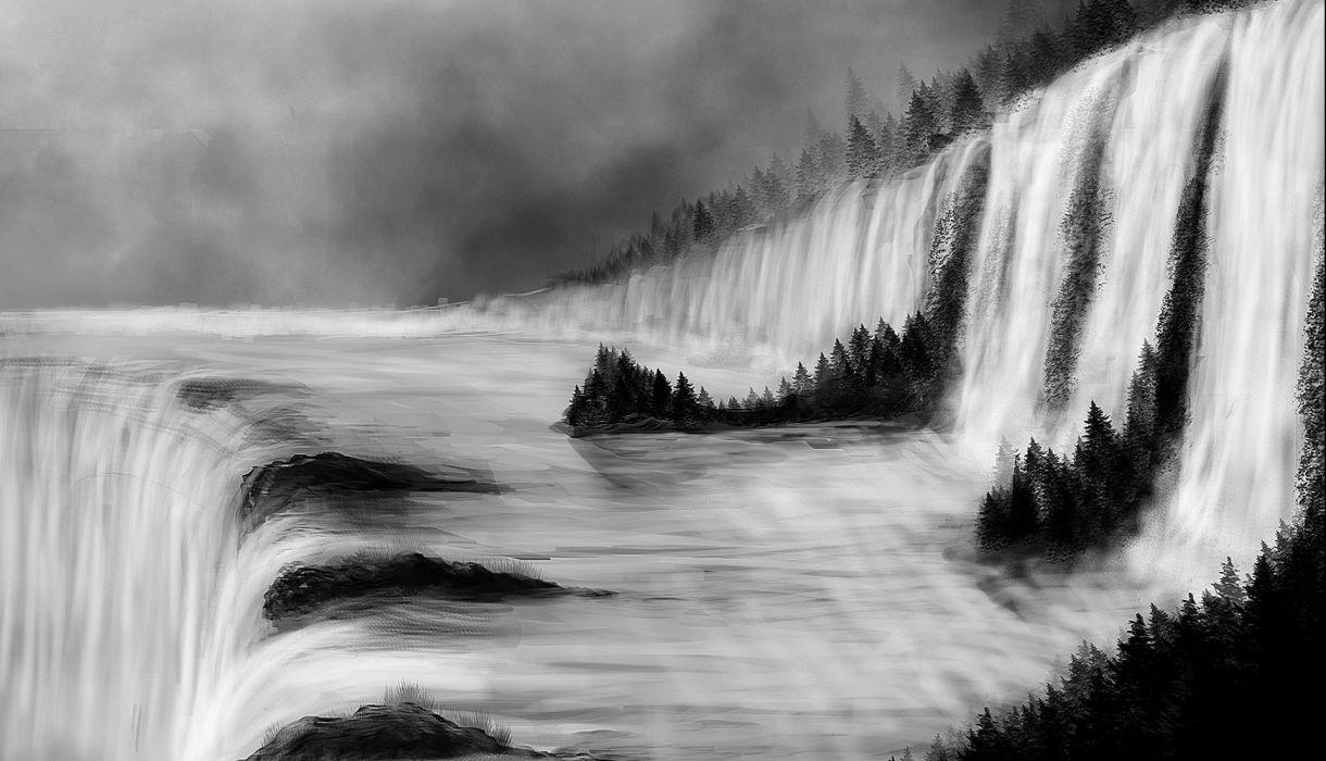 1220x700 River forest waterfall art painting h wallpaperx1102