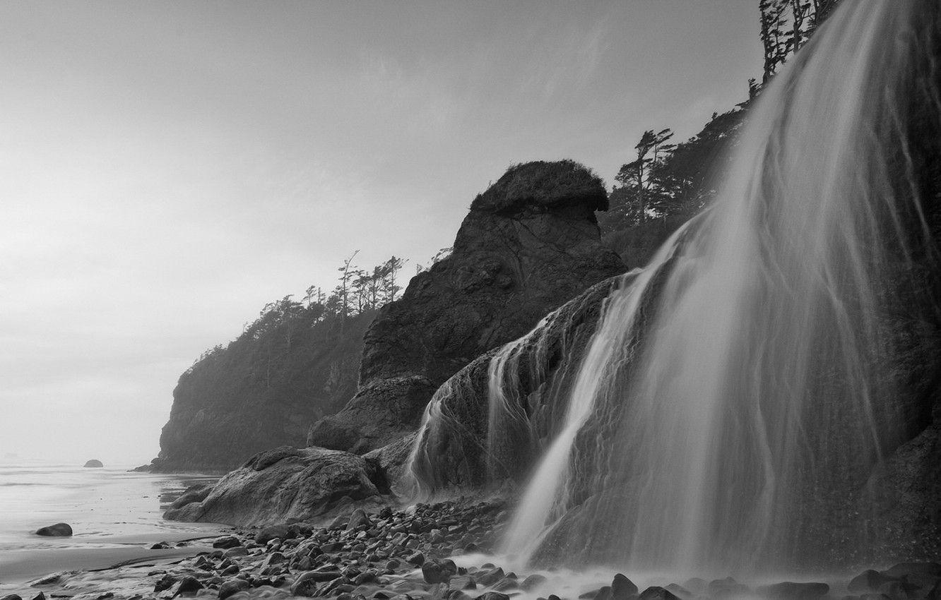 1332x850 Wallpaper sea, stones, black and white, shore, waterfall, 153