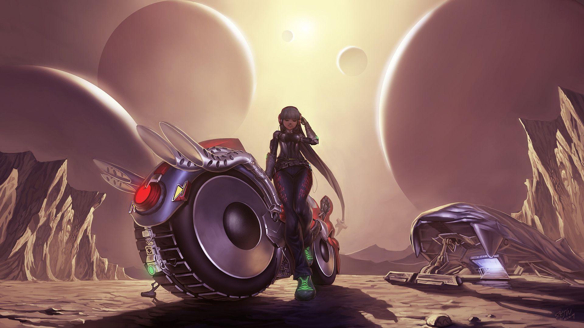 1920x1080 Download Wallpaper motorcycle, 1920x Biker girl in desert (anime)
