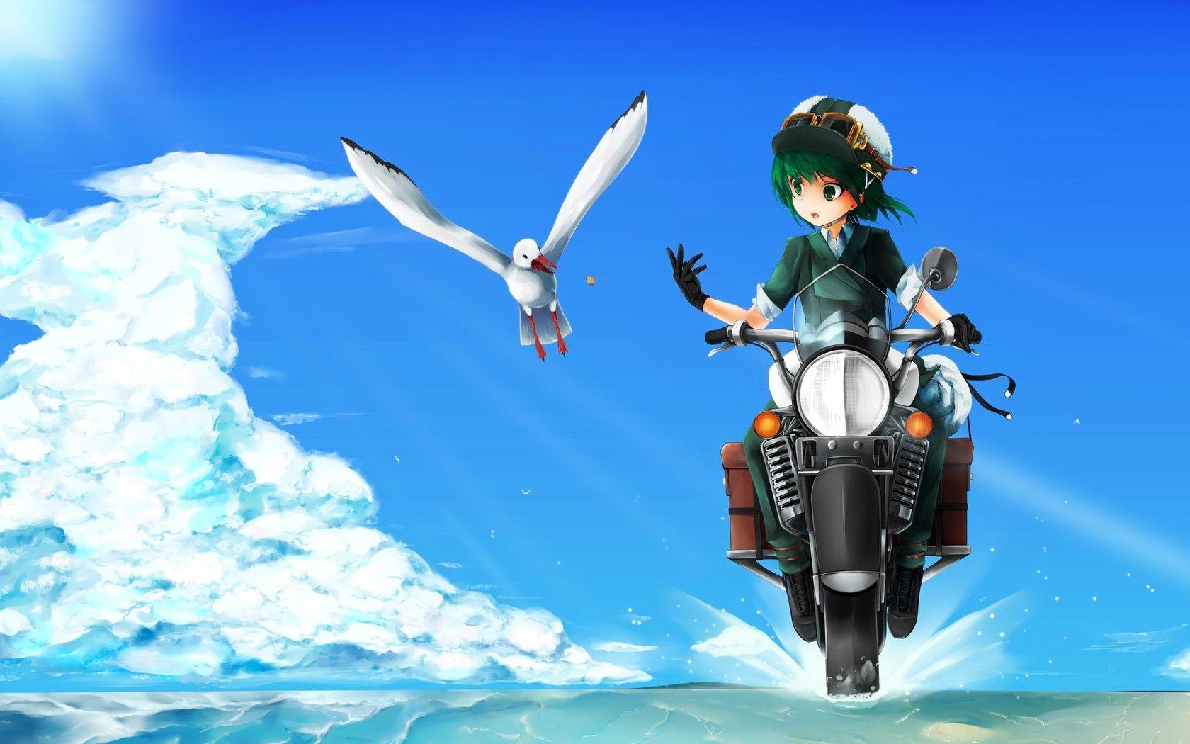 1680x1050 Girl Motorcycle And Seagull Bird Wallpaper