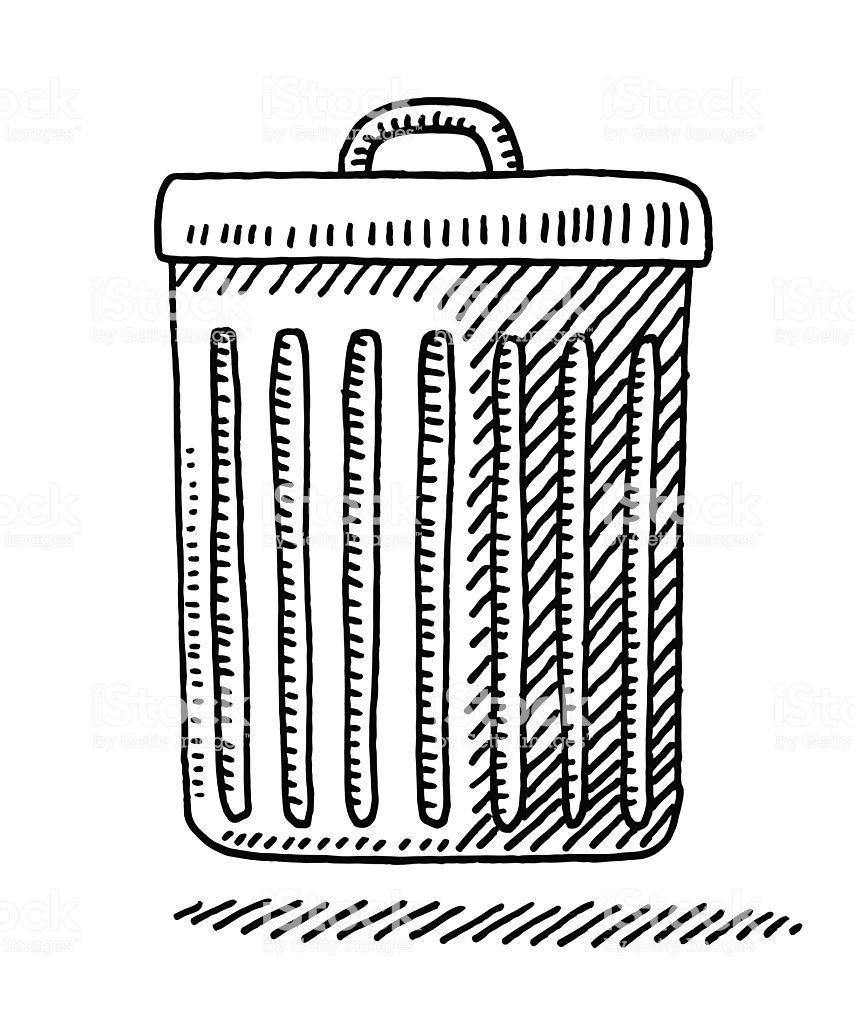 854x1024 Hand Drawn Vector Drawing Of A Trash Can, Side View. Black And