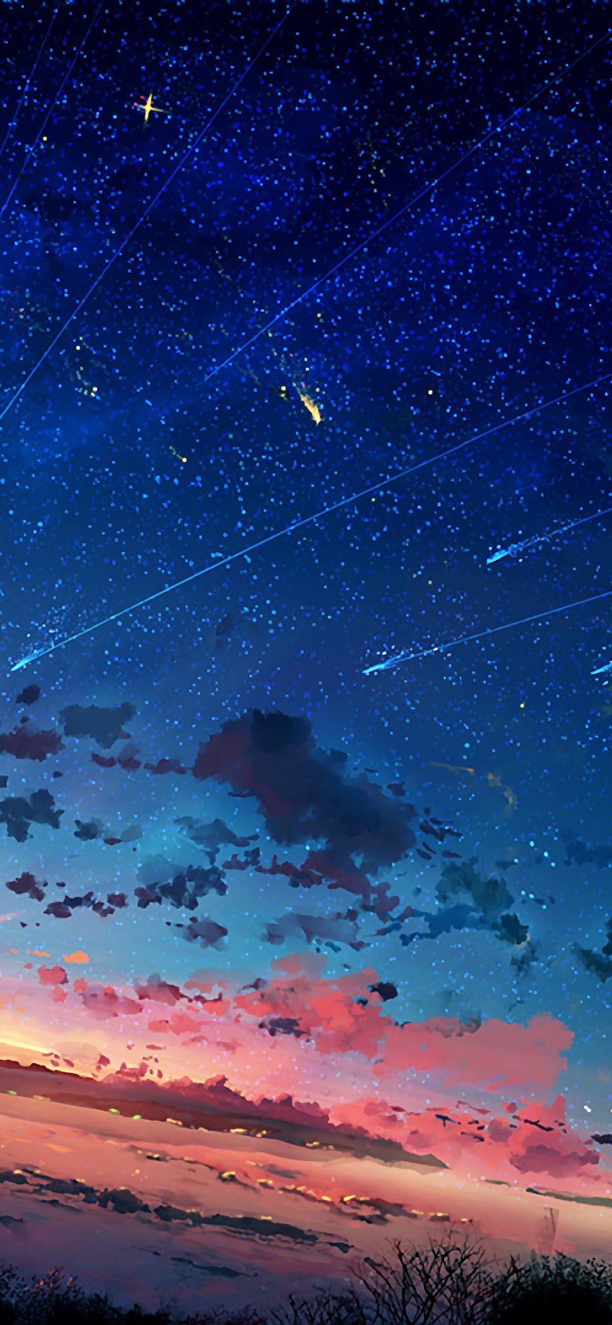 1242x2688 Anime Scenery Horizon Shooting Star Sunset 4K 3840x2160 Wallpaper
