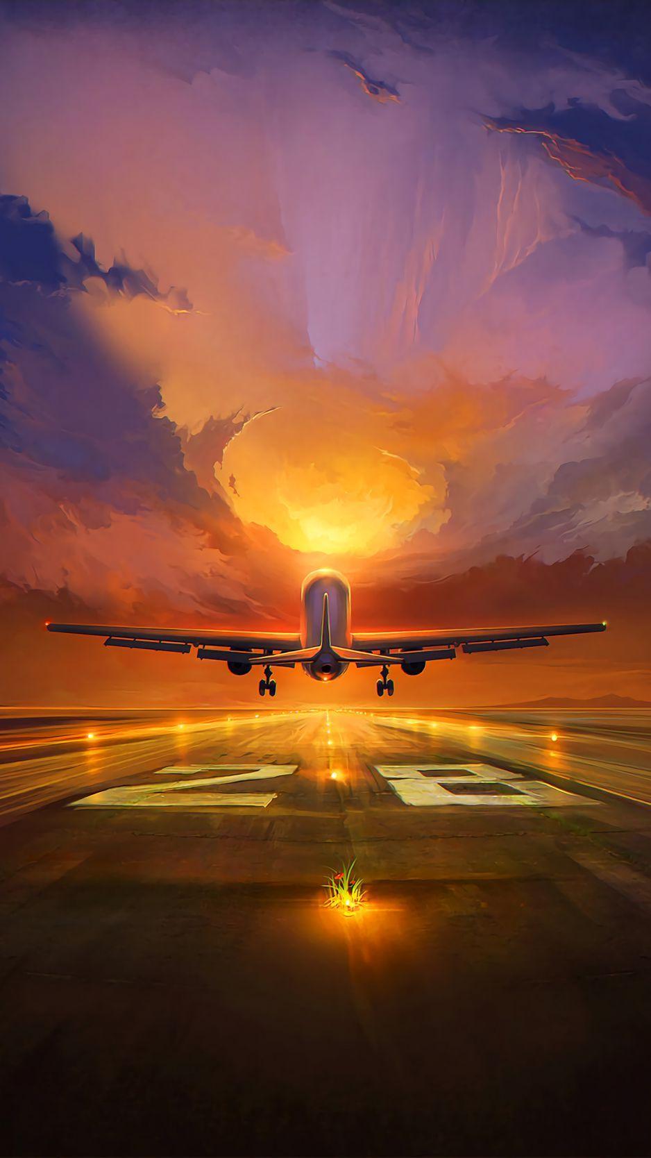 938x1668 Download Wallpaper 938x1668 Plane, Runway, Art, Sunset, Sky Iphone 8 7 6s 6 For Parallax HD Background