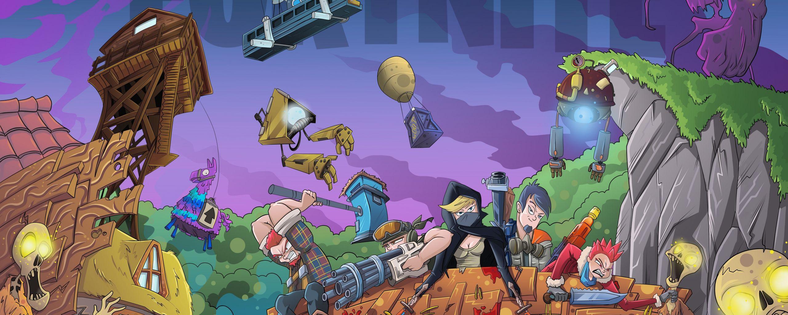 2560x1024 Download 2560x1024 wallpaper fortnite, video game, landscape, dual