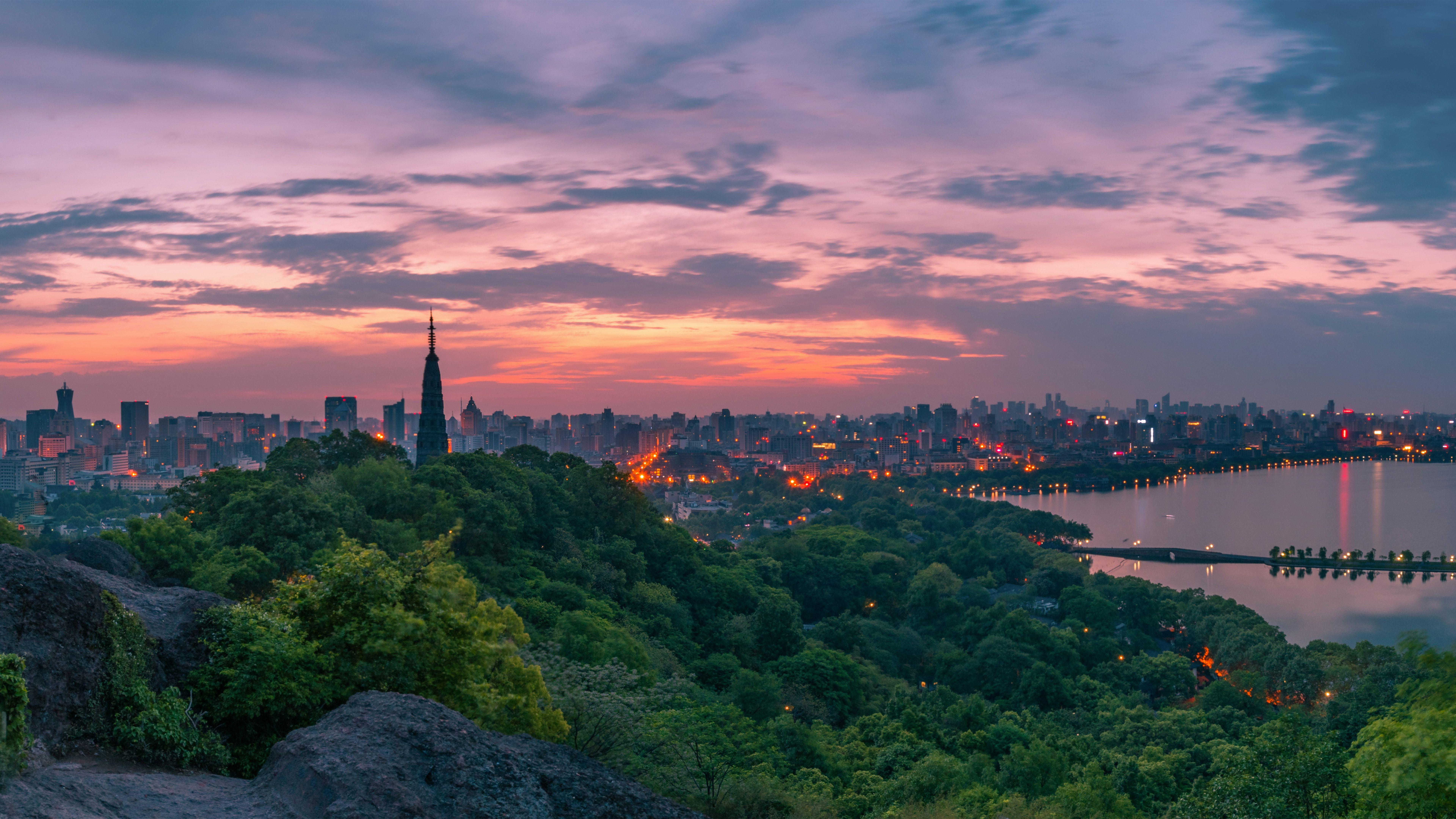 7680x4320 Wallpaper West Lake, Hangzhou, city, clouds, dusk, China 7680x4320
