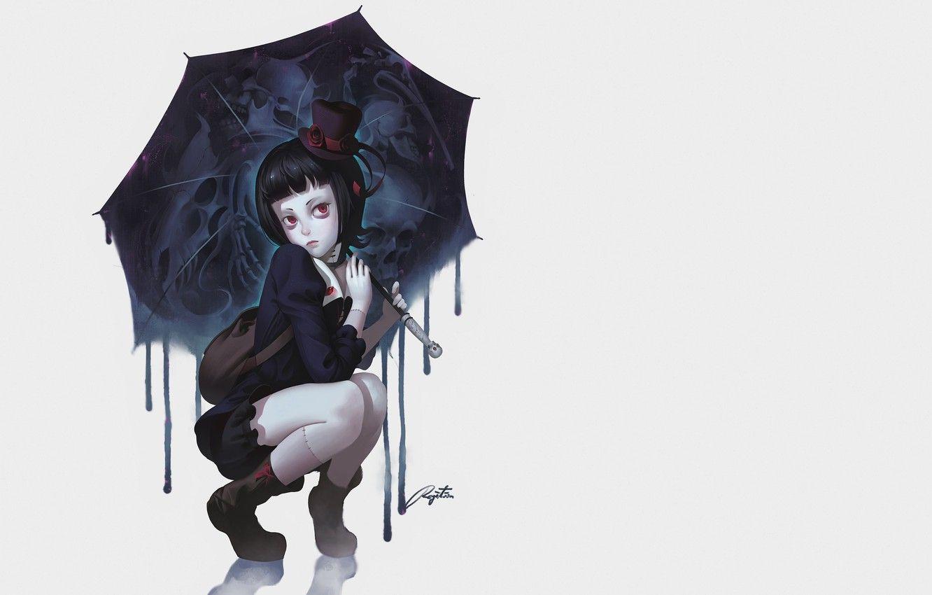 1332x850 Wallpaper girl, Gothic, figure, skull, umbrella, anime, art