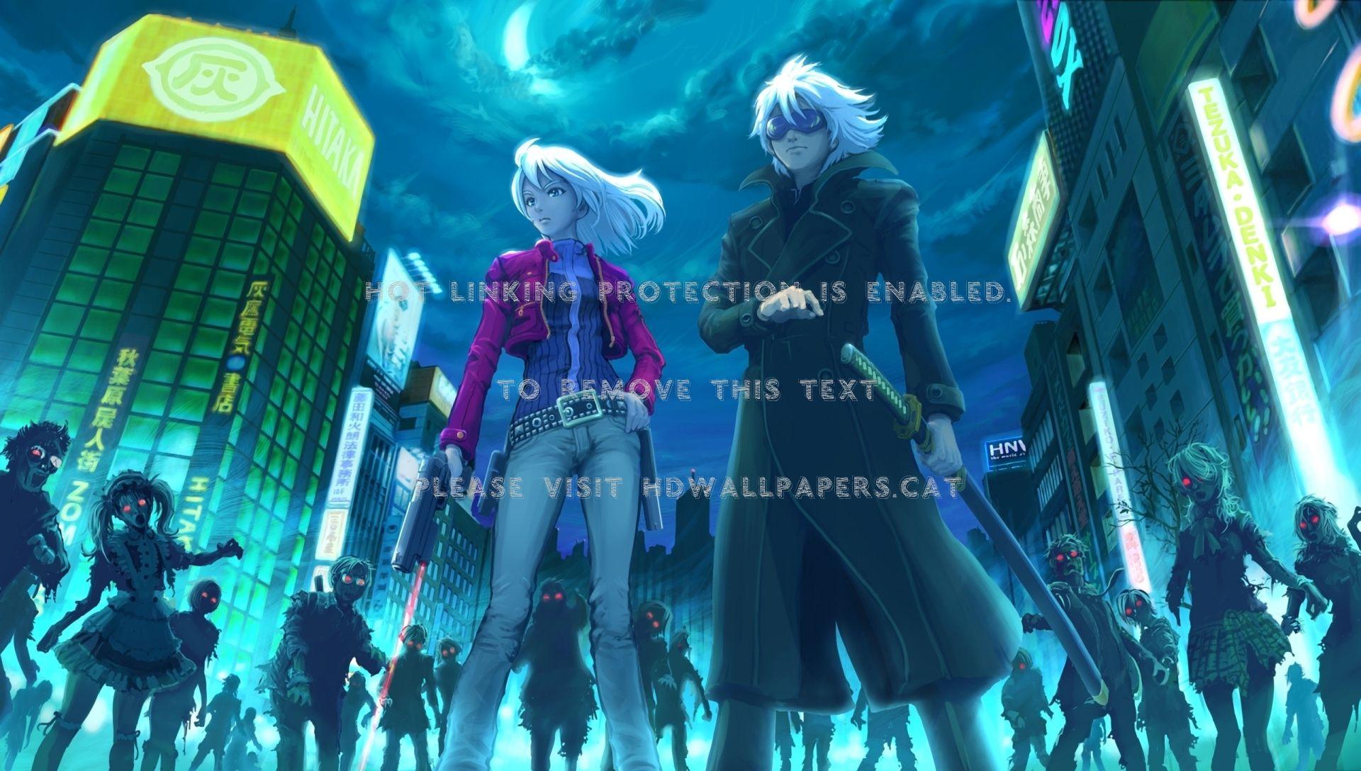 1920x1088 zombie attack girl catana couple gun anime
