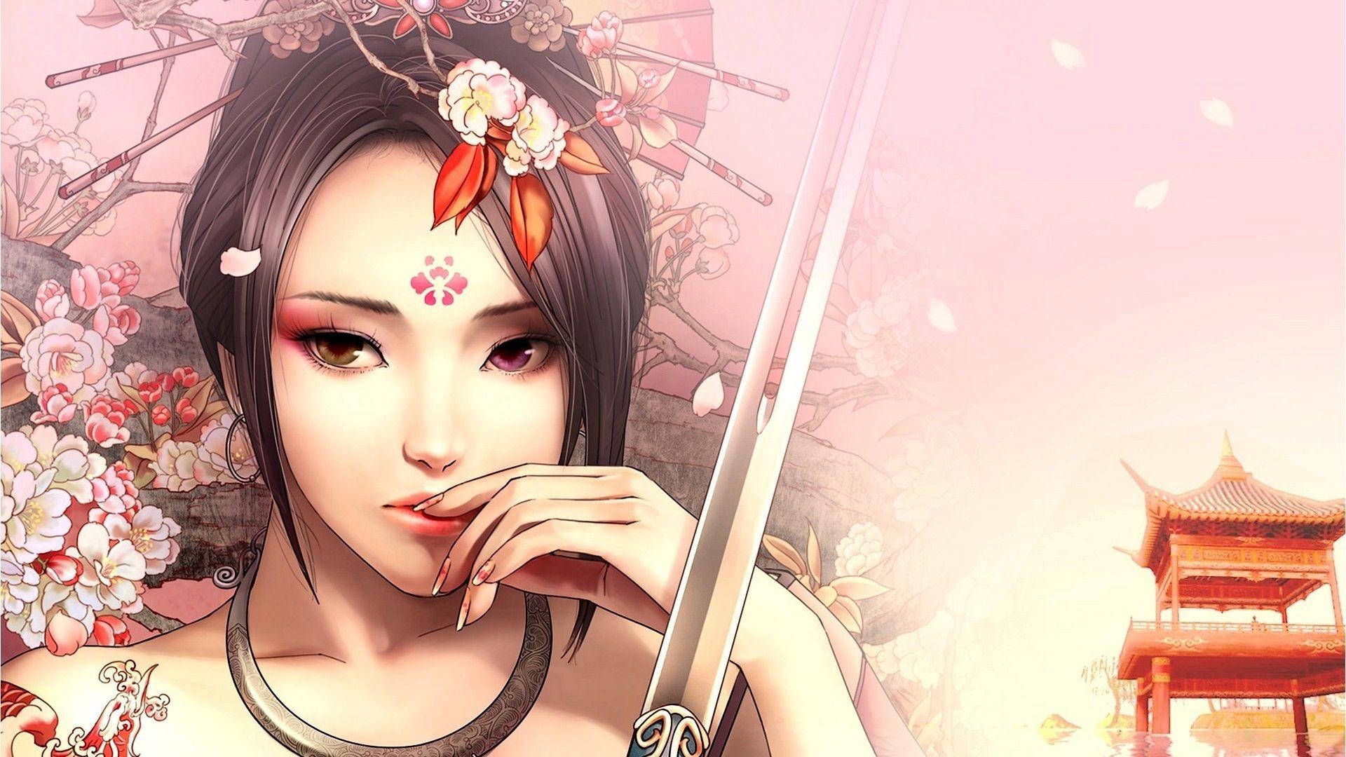 1920x1080 Wallpaper Fantasy asian girl, katana sword, flowers 1920x1080 Full