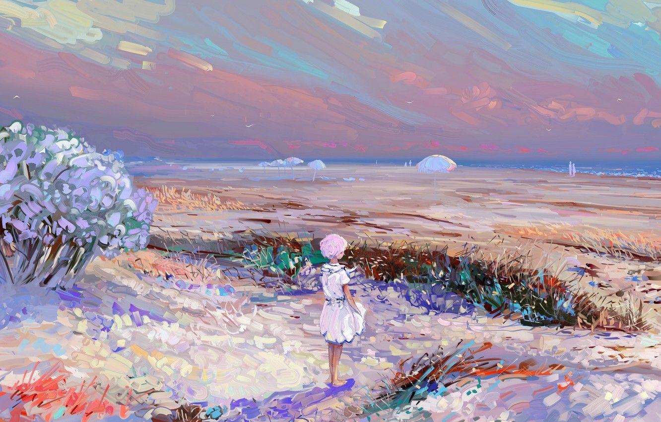 1332x850 Wallpaper girl, beach, field, nature, art, view, landscapes