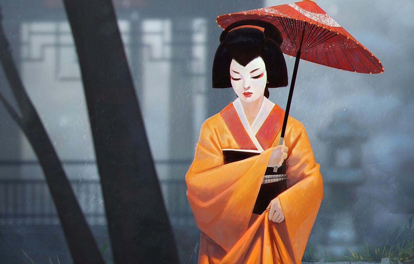 1332x850 Wallpaper Japan, girl, umbrella, art, painting, drawing, kimono