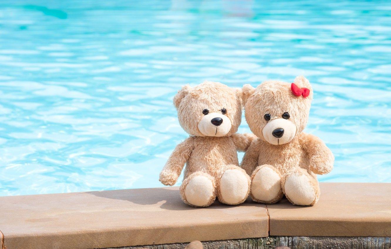 1332x850 Wallpaper sea, beach, love, toy, bear, bear, pair, love, two